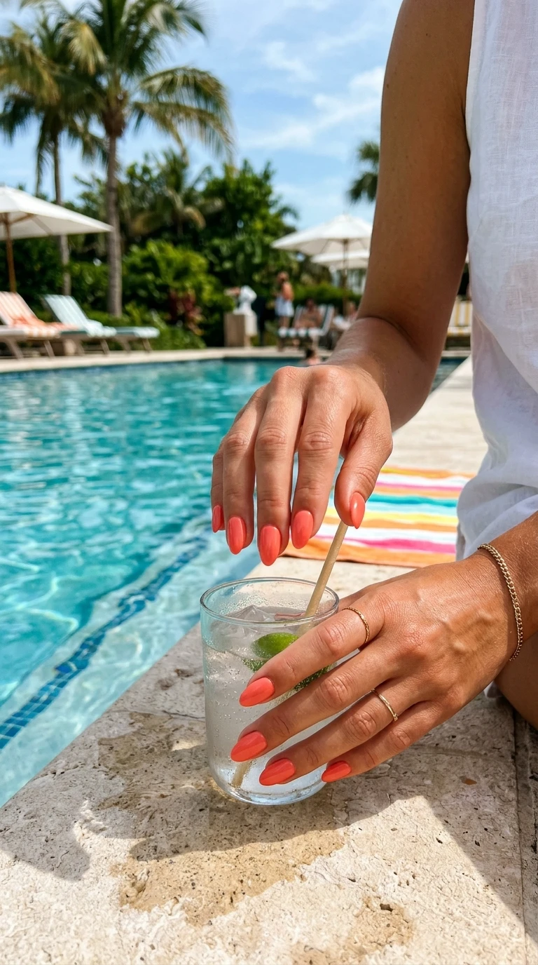 last minute summer nails - Coral glossy nails at poolside
