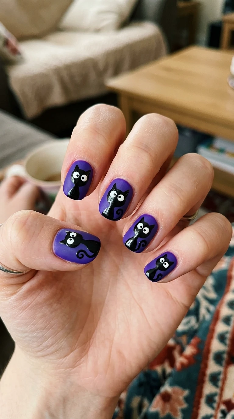 goofy halloween nails - Cross-eyed cat silhouette nail art