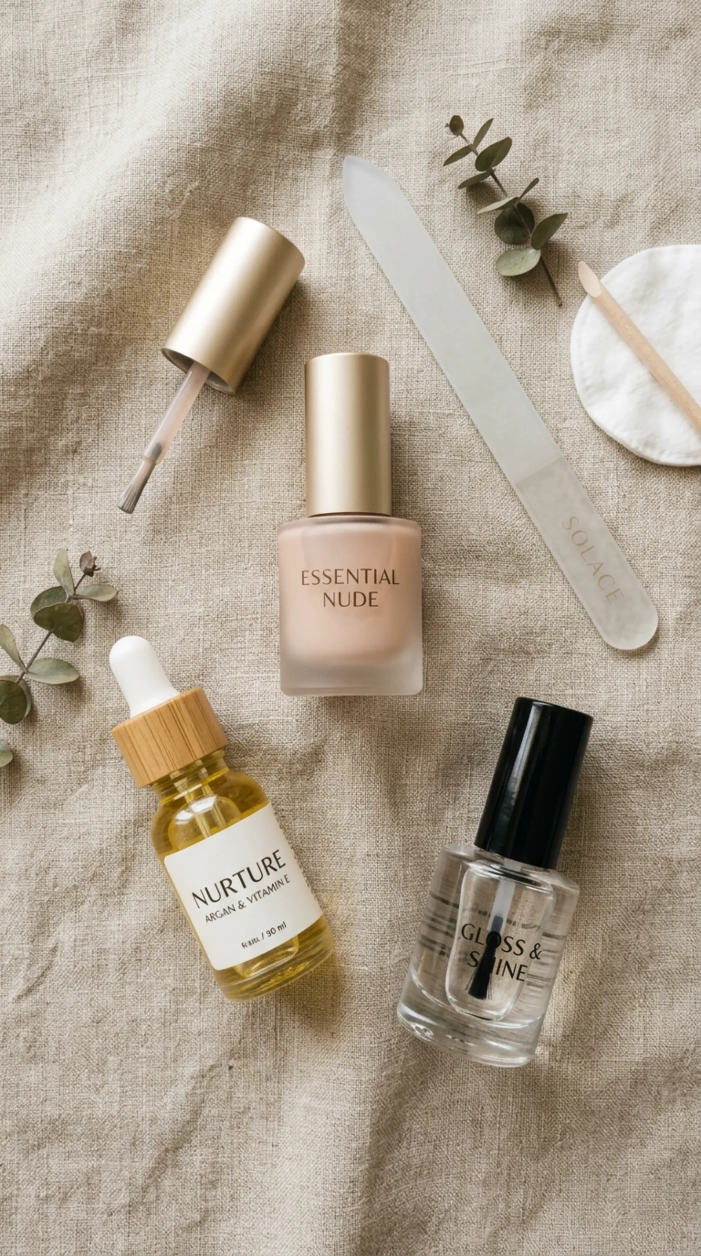 DIY manicure tools arranged on linen