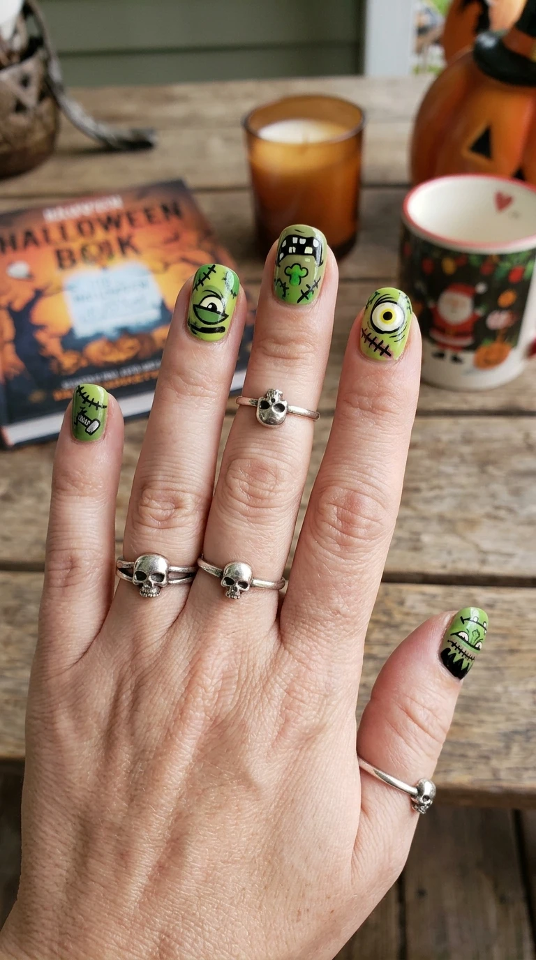 goofy halloween nails - Frankenstein face nail art