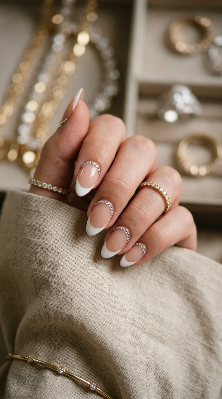 karol g nails ideas - French tip manicure with rhinest