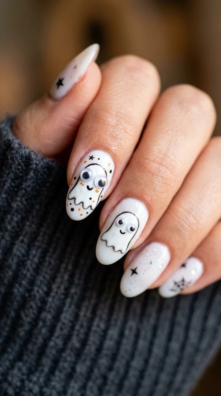 goofy halloween nails - Ghost nail design on white
