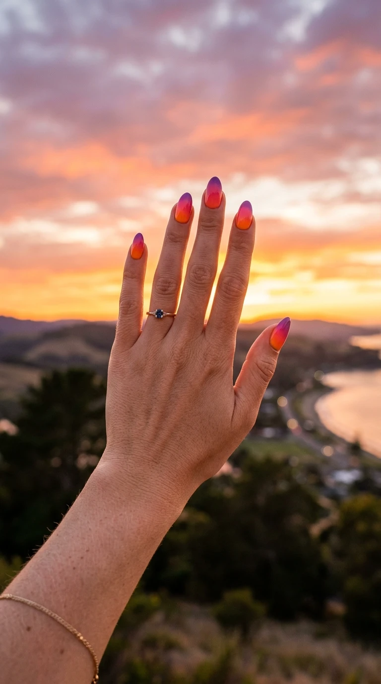 lollapalooza nails - Gradient nails against golden sky