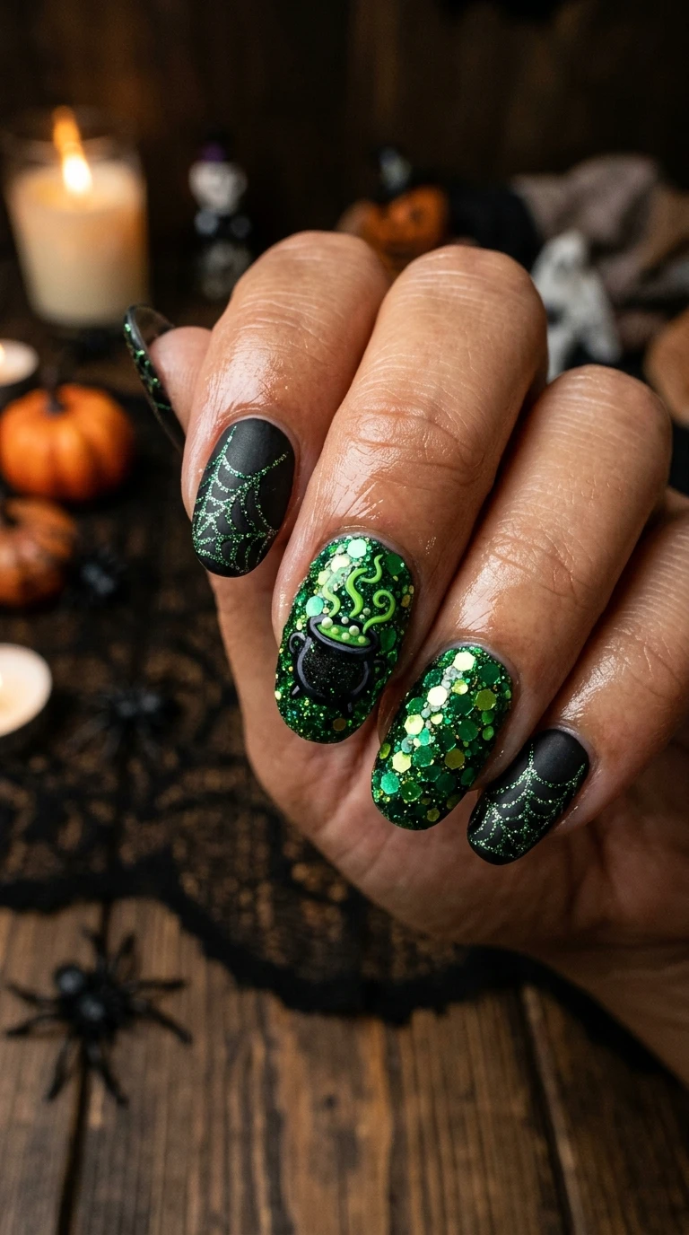 goofy halloween nails - Green glitter cauldron nail design