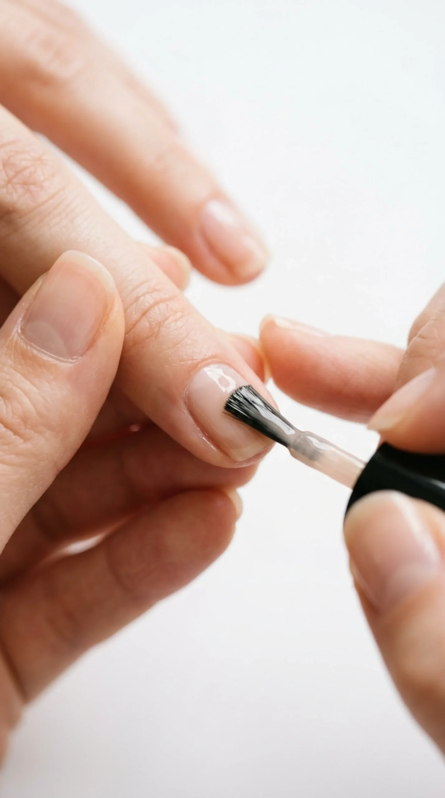 Hand applying nude polish to a bare nail