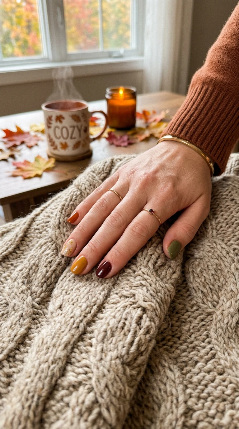 fall nail designs - Hand resting on knit blanket