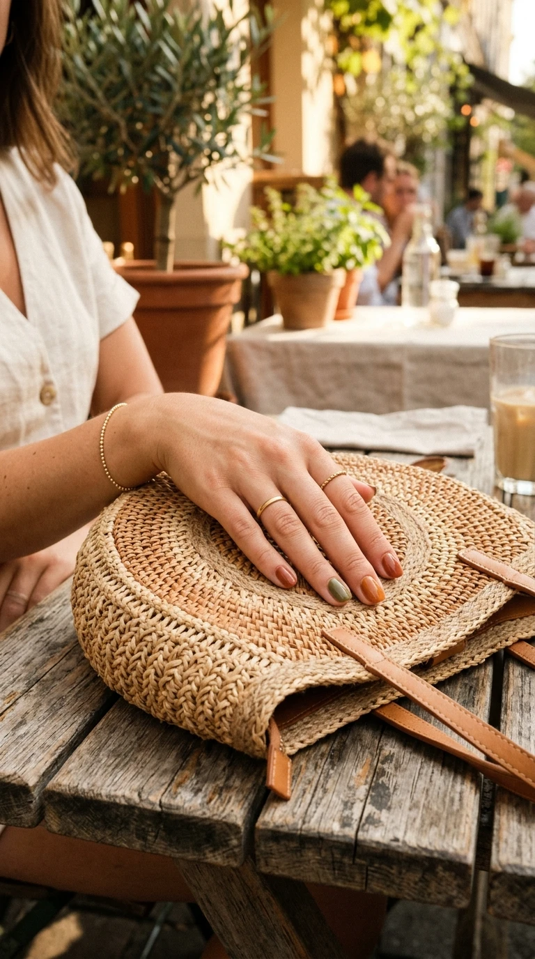 august nail ideas - Hand resting on woven bag