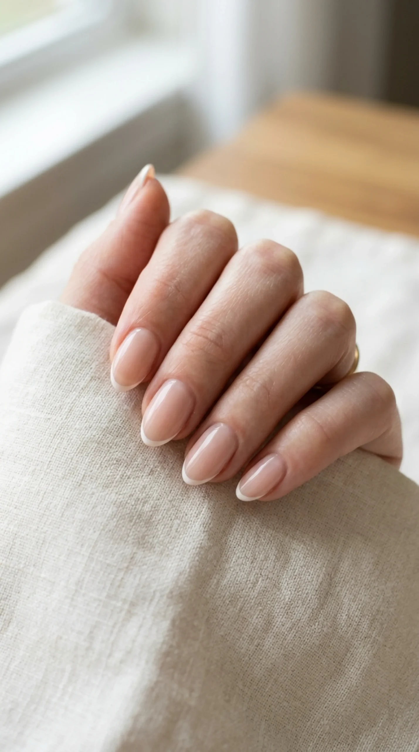 Hand with thin french tip manicure