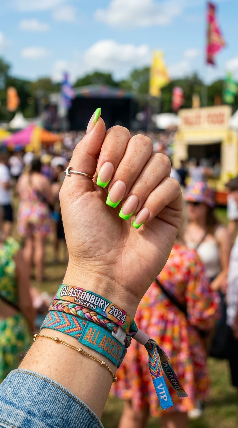 lollapalooza nails - Hand with green French nails