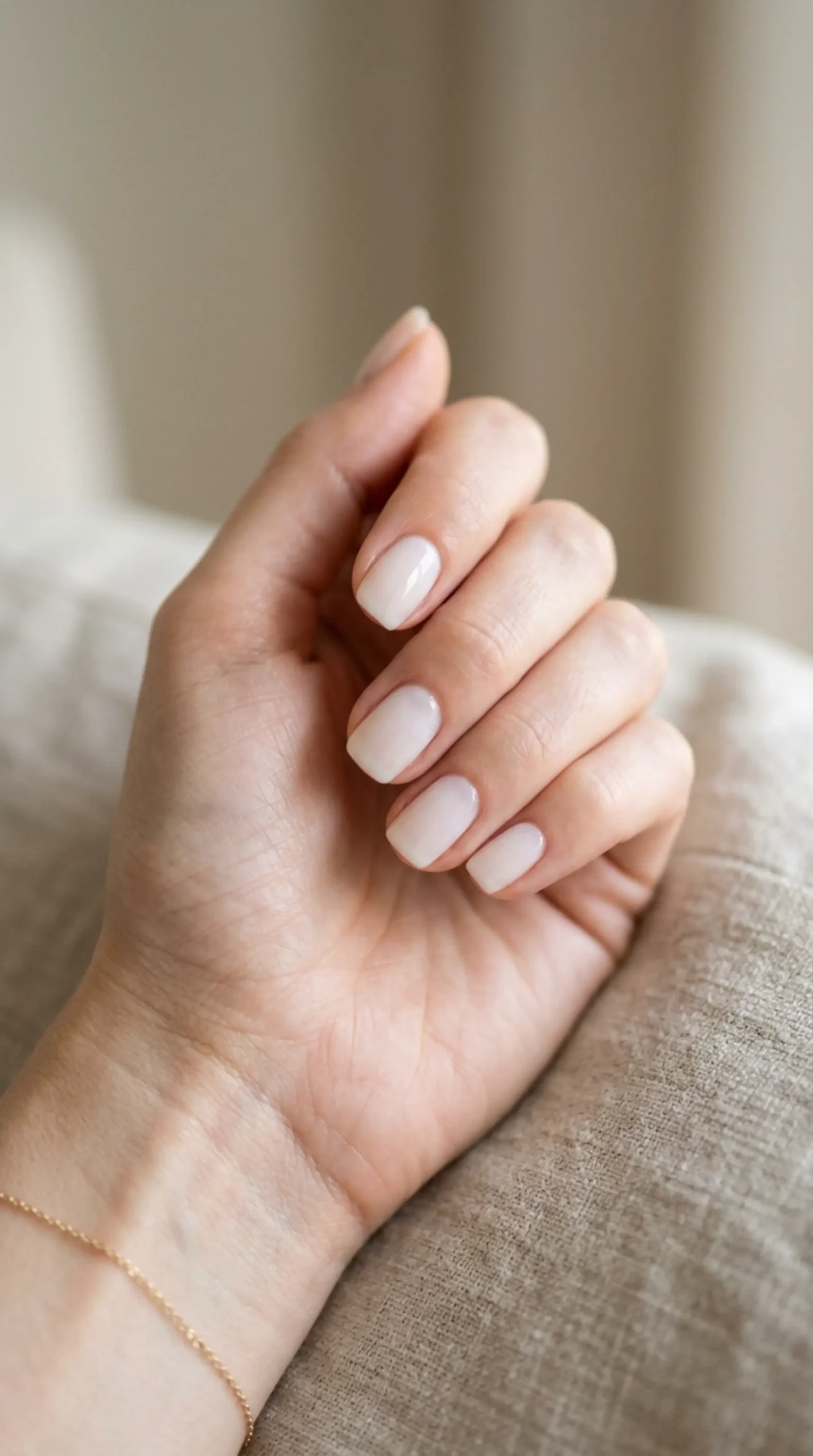 Hand with sheer milky white nail polish