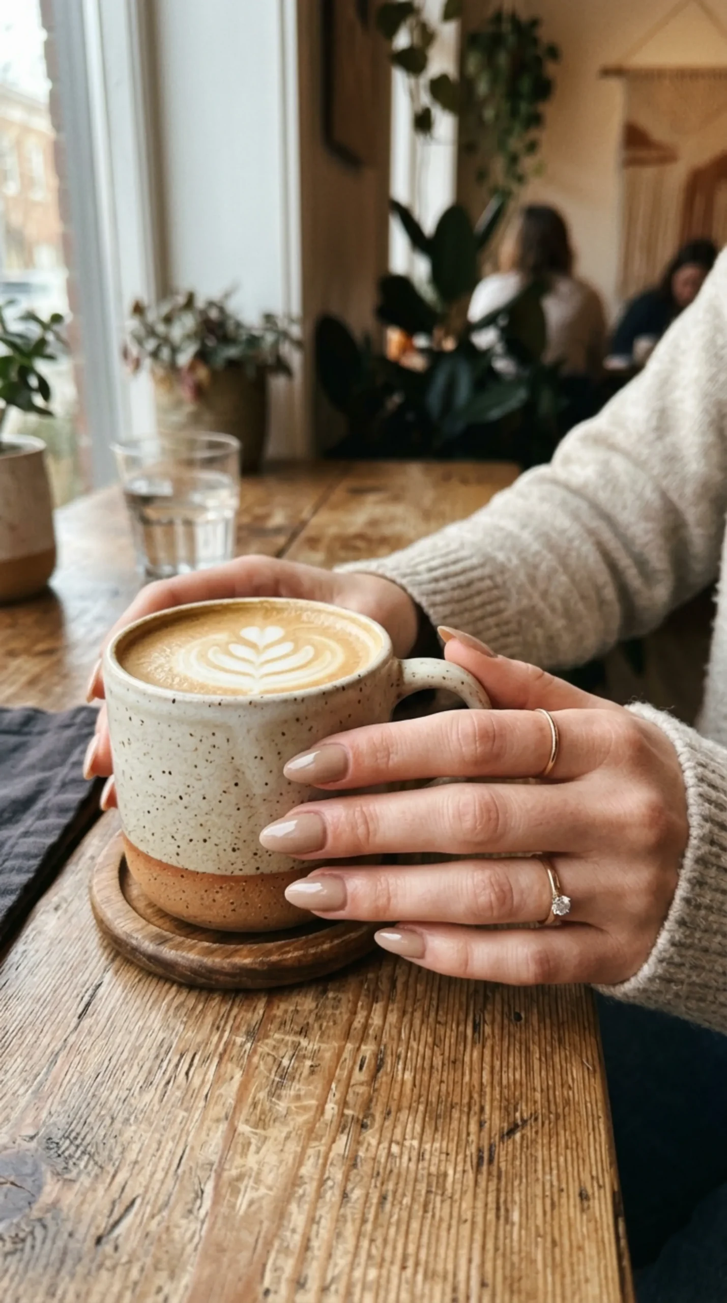 Hand with nude glazed manicure resting near a coffee cup