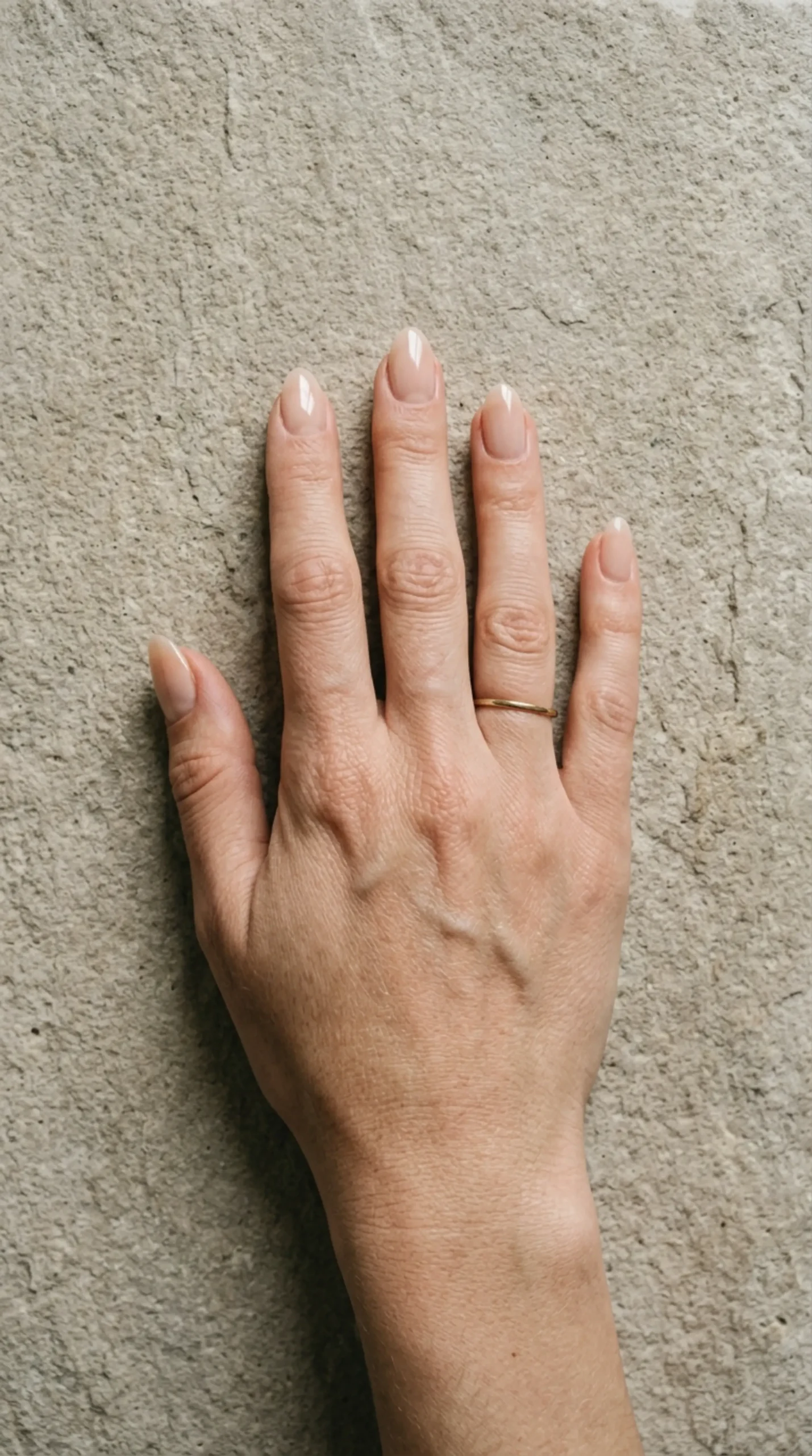 Hand with glazed nude nail polish, quiet luxury styling