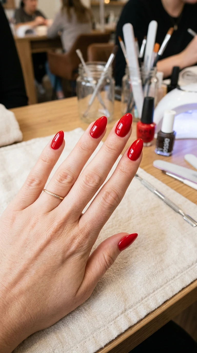 gel vs dip vs acrylic nails - glossy red gel polish close up