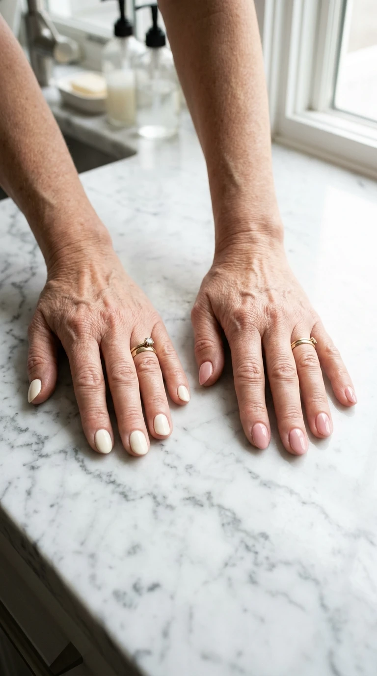 best nail shape for older hands - cream and soft pink manicure comparison