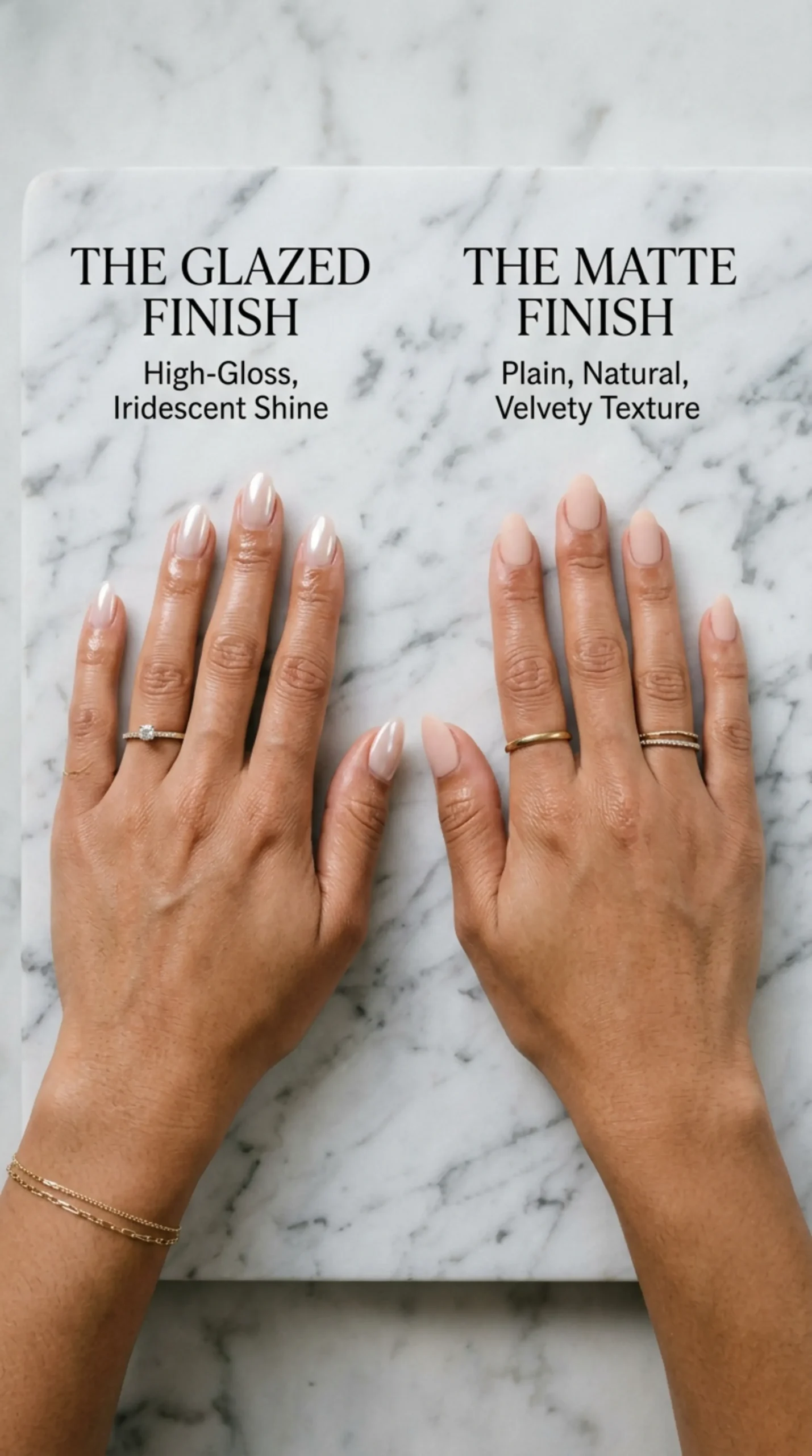 Two hands side by side on marble comparing rich girl and clean girl manicures