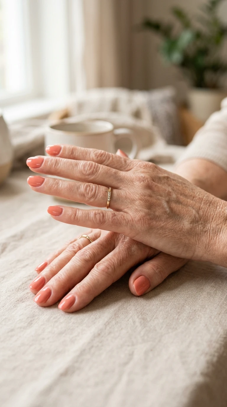 best nail shape for older hands - soft coral manicure with healthy cuticles