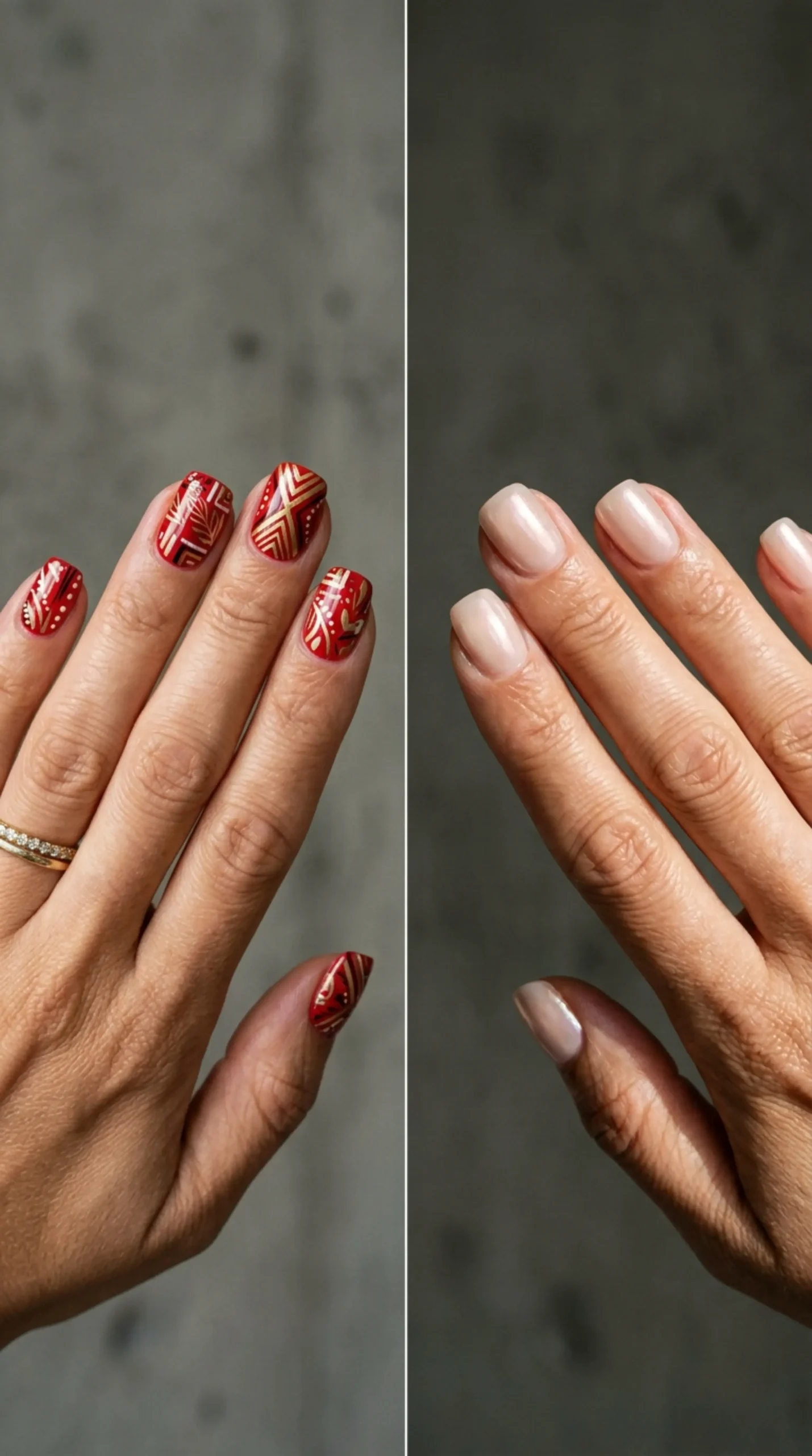 Comparison of bold nail art versus a plain glazed nude manicure