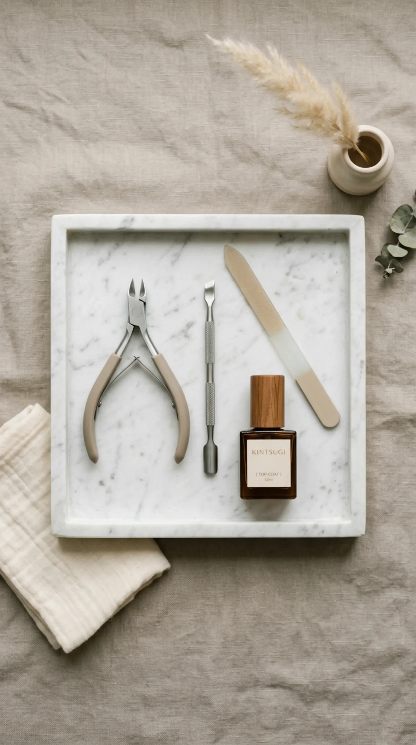 Manicure tools on a marble tray