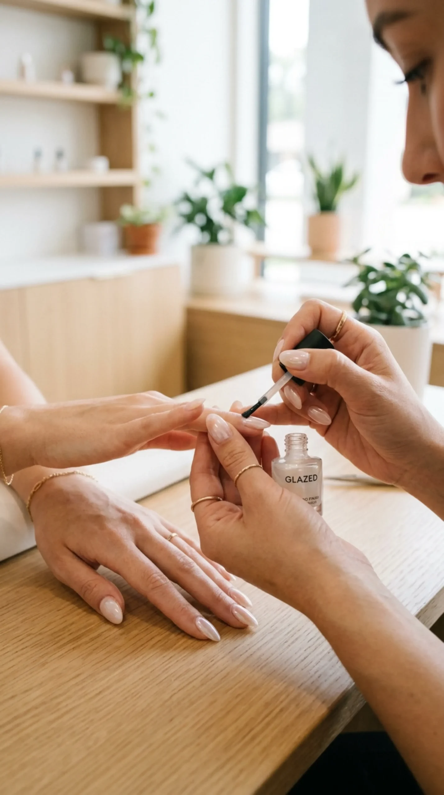 Manicurist applying glazed topcoat to a client's nails in a salon