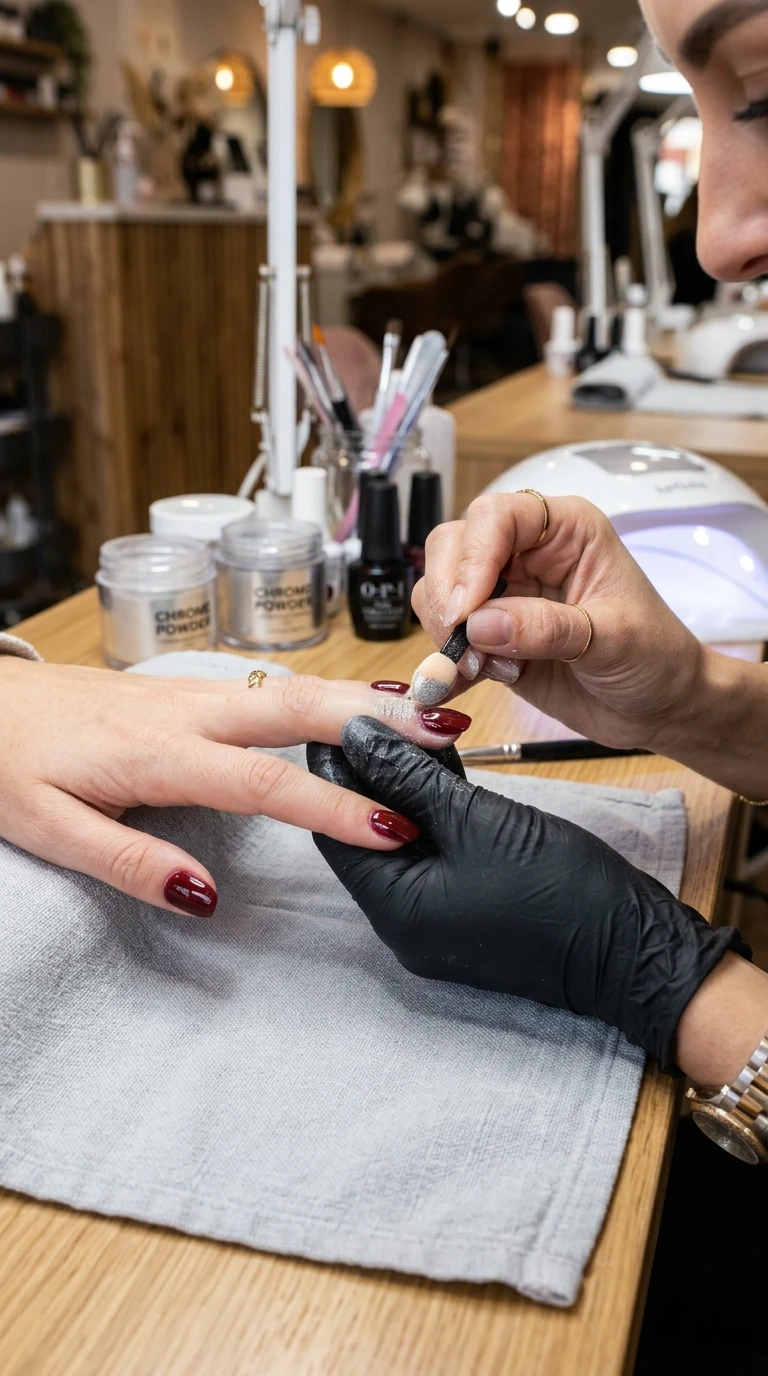 karol g nails ideas - Nail technician applying chrome