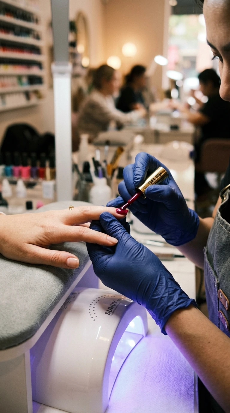 gel vs dip vs acrylic nails - nail technician applying gel polish under UV lamp