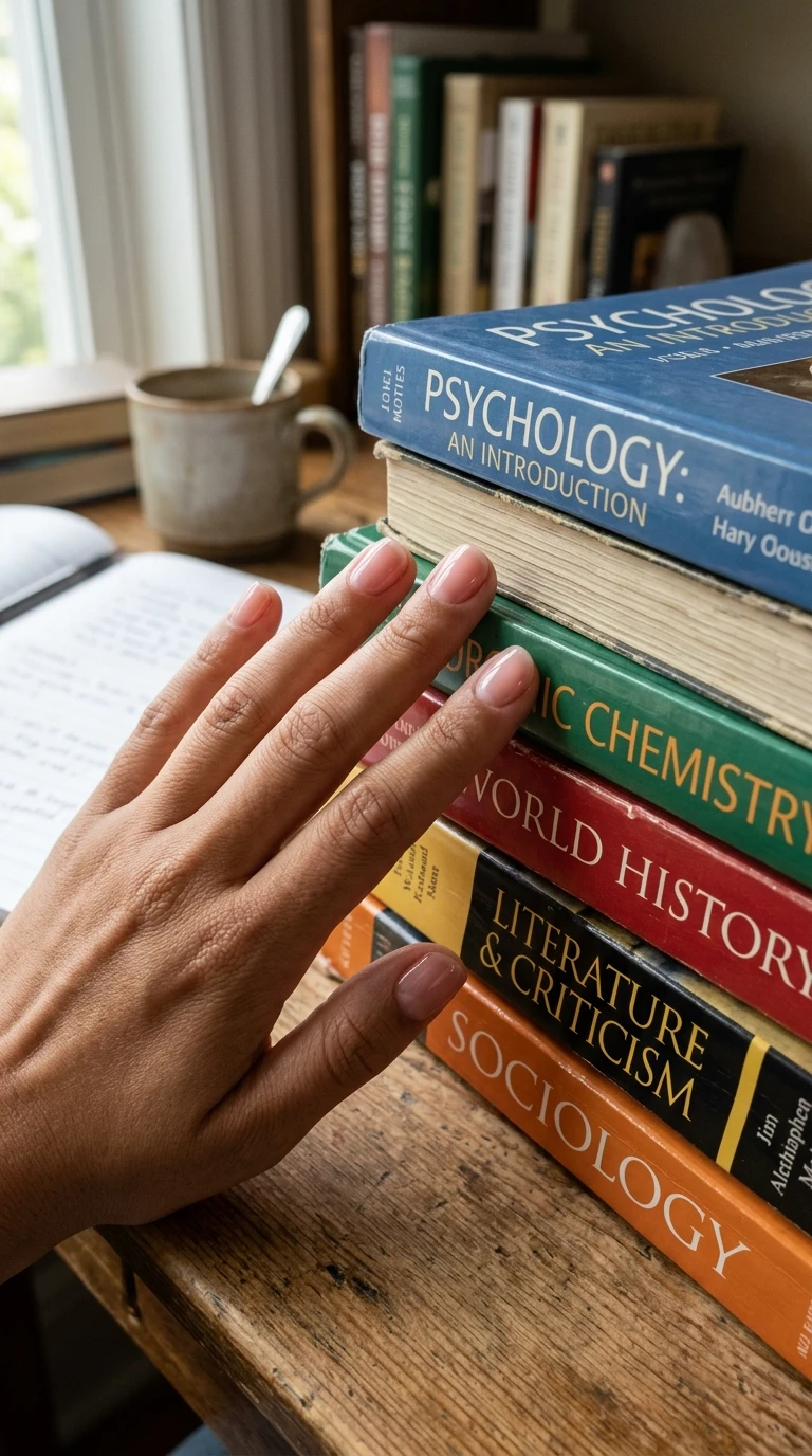 back to school nail ideas - Pink nails near textbooks