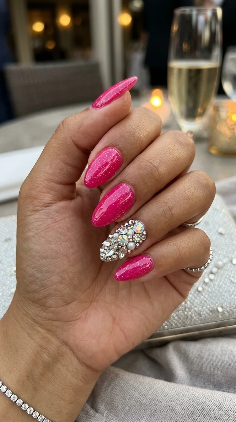 karol g nails - Pink nails with rhinestone cluster