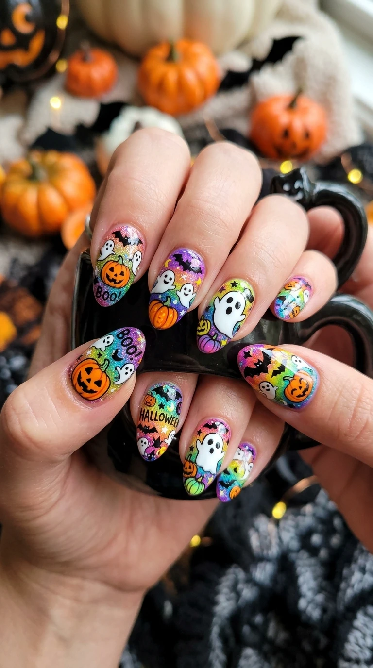 goofy halloween nails - Rainbow Halloween nail set