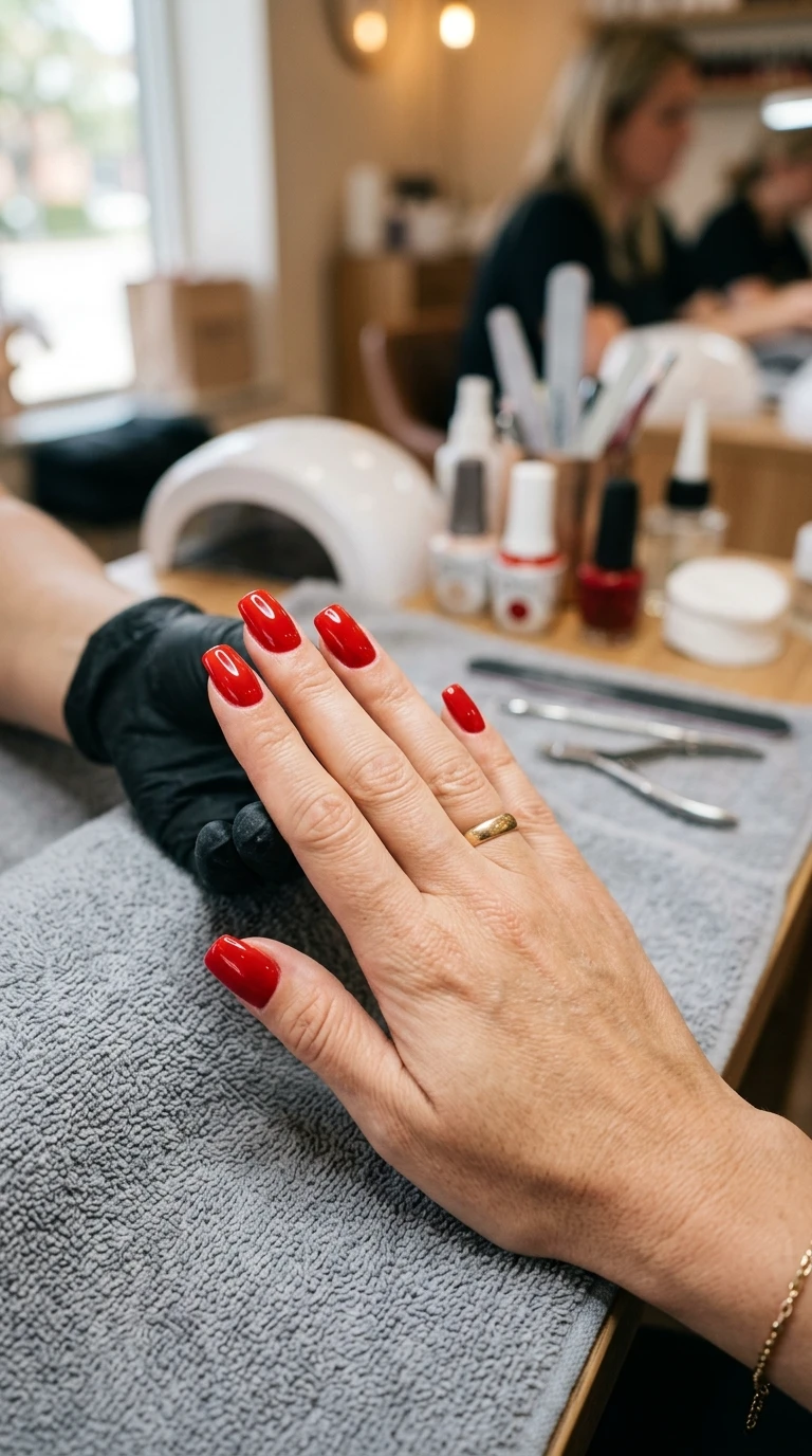 gel vs dip vs acrylic nails - classic red gel manicure