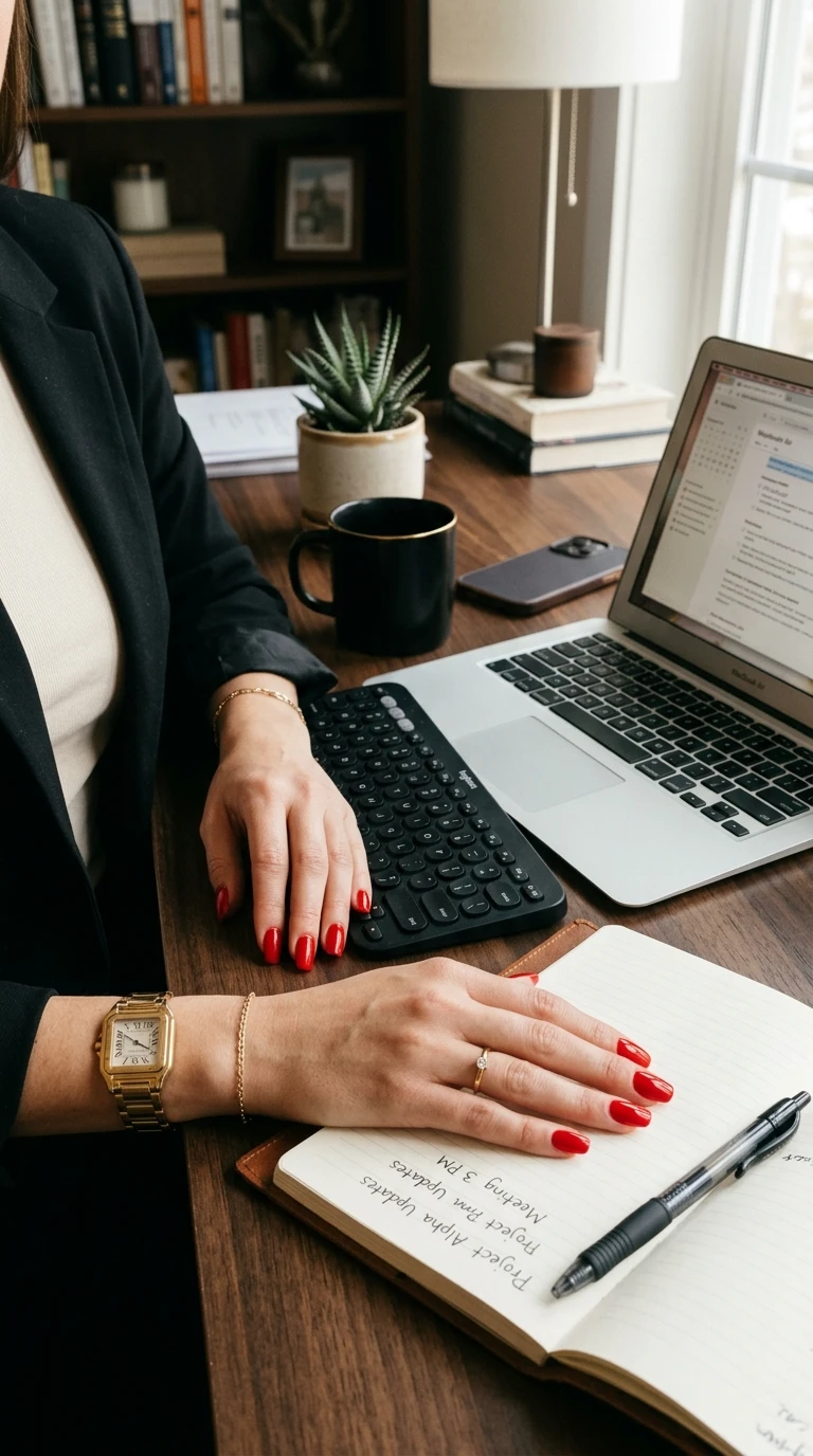 back to school nail ideas - Red glossy nails on desk