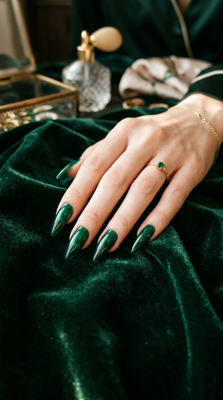 long stiletto nails - Stiletto nails resting on velvet