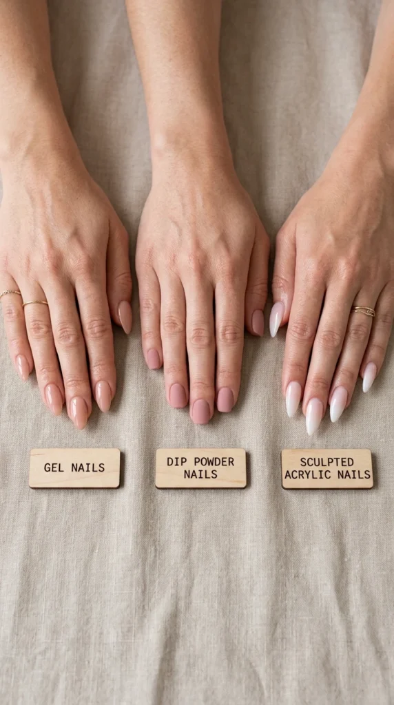 gel vs dip vs acrylic nails - three manicured hands compared side by side