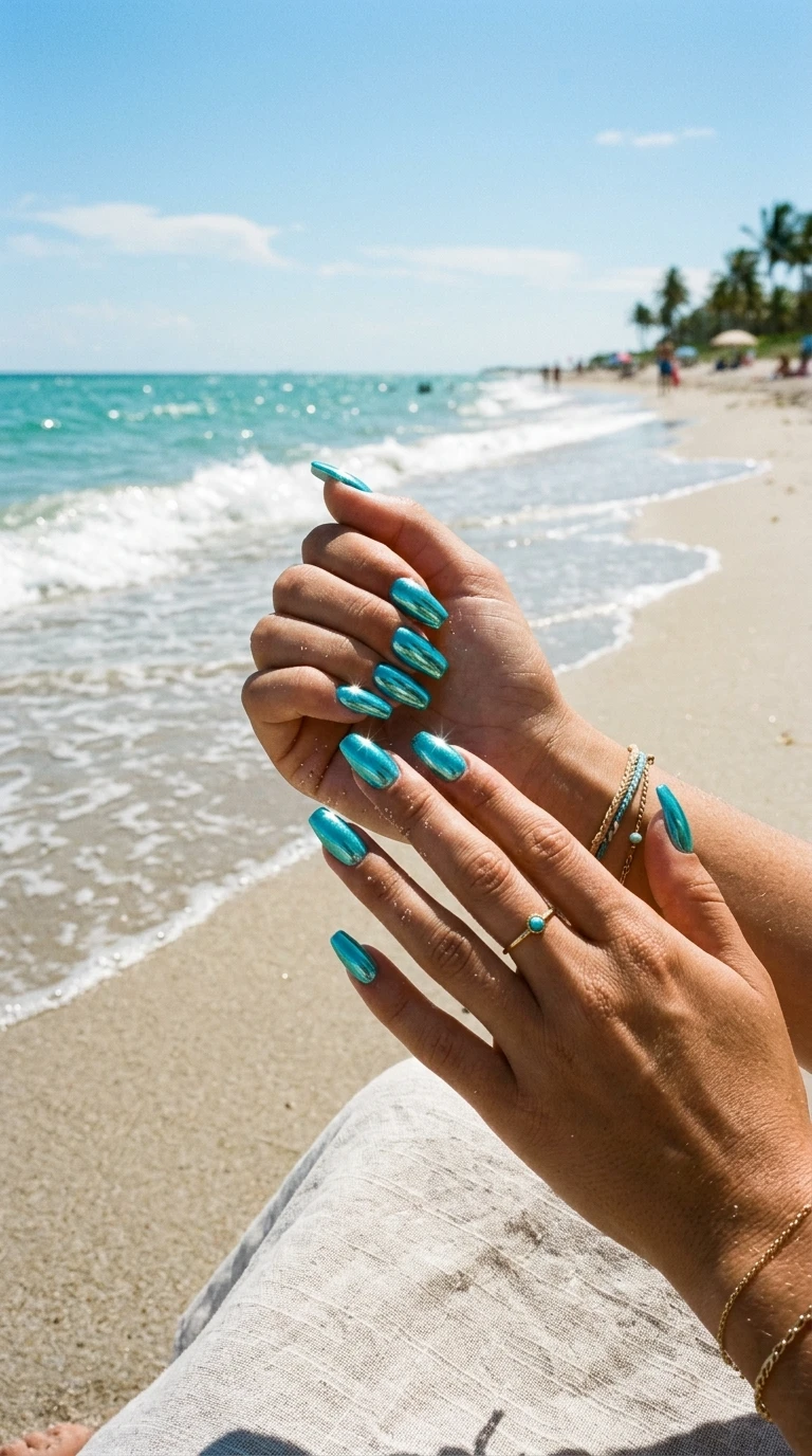 festival nails - Turquoise chrome nails catching