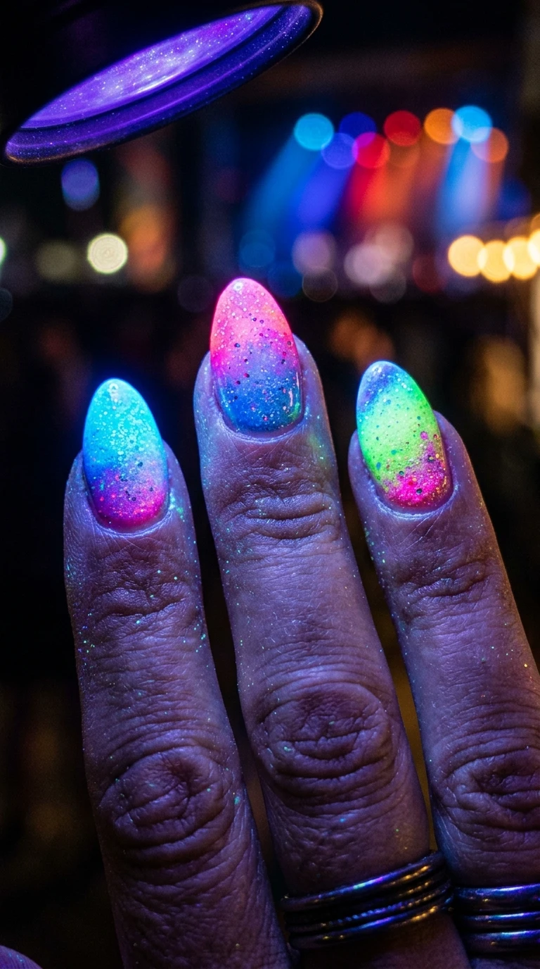 festival nails - UV nail polish glowing under