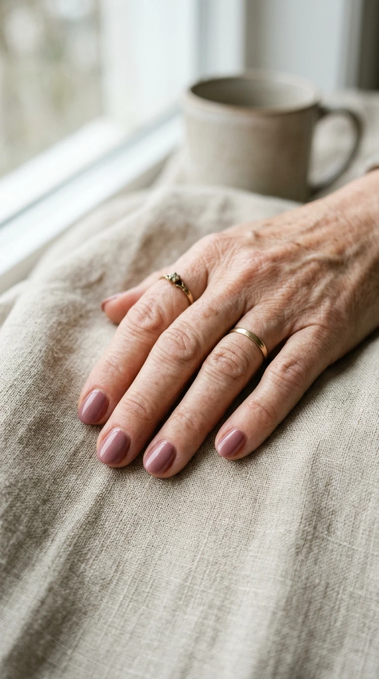best nail shape for older hands - soft nude manicure on mature hand