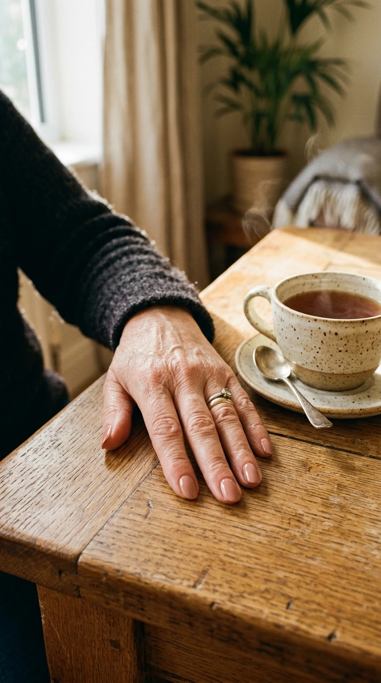 best nail shape for older hands - hand resting on wooden table