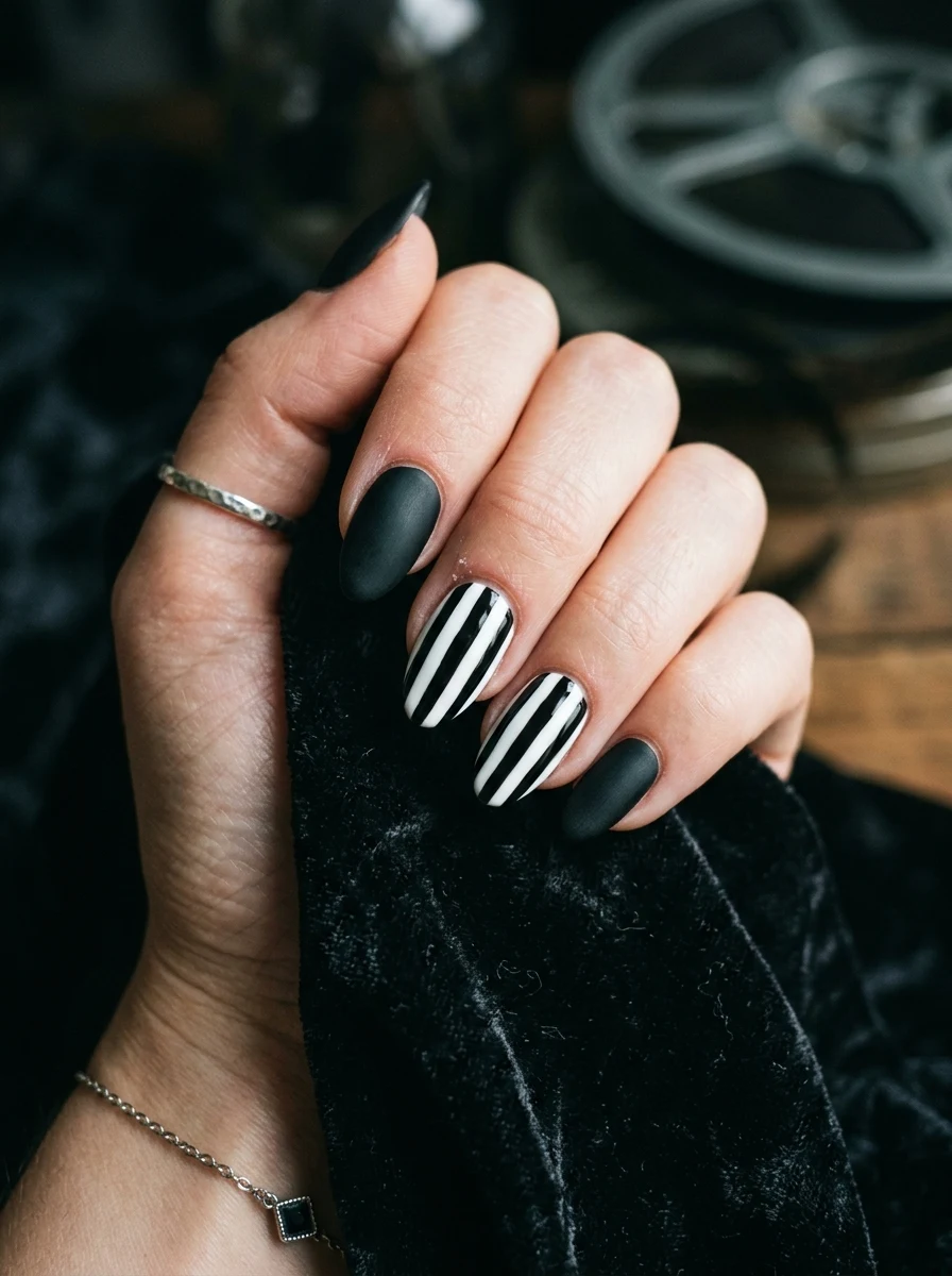 beetlejuice inspired halloween nails with black and white stripes