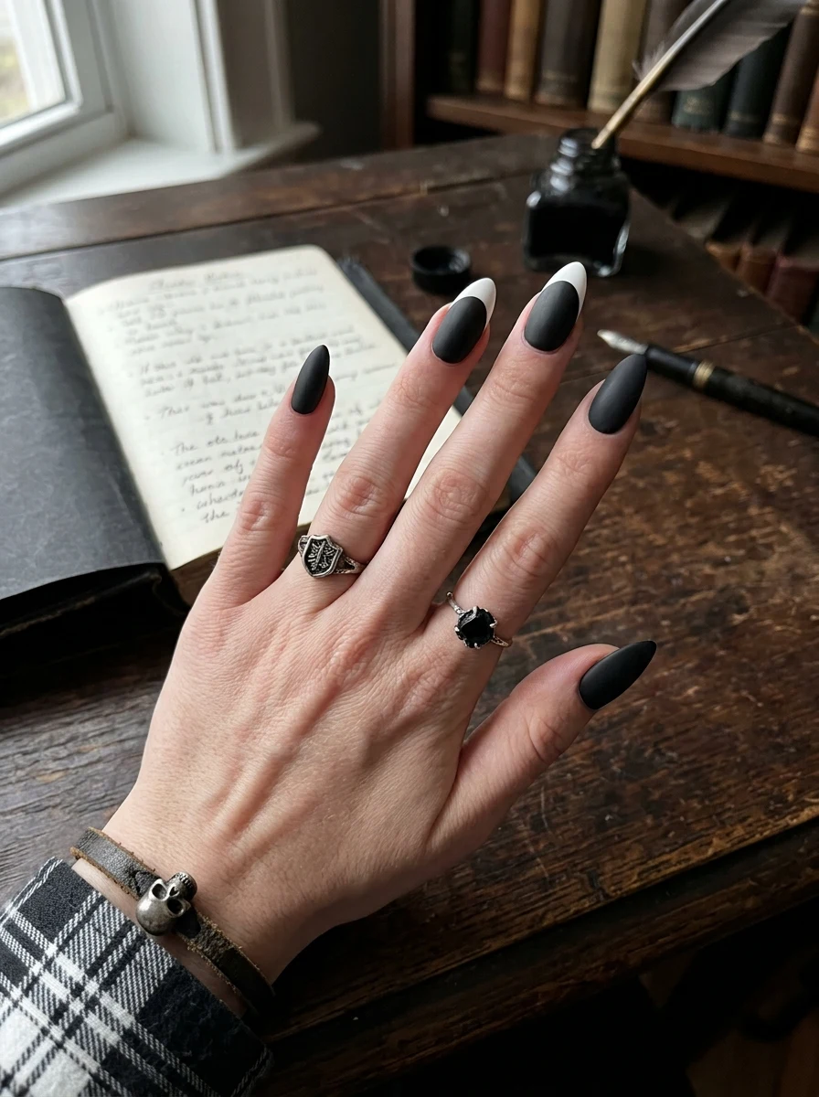 halloween character nails: wednesday addams inspired black and white french tips