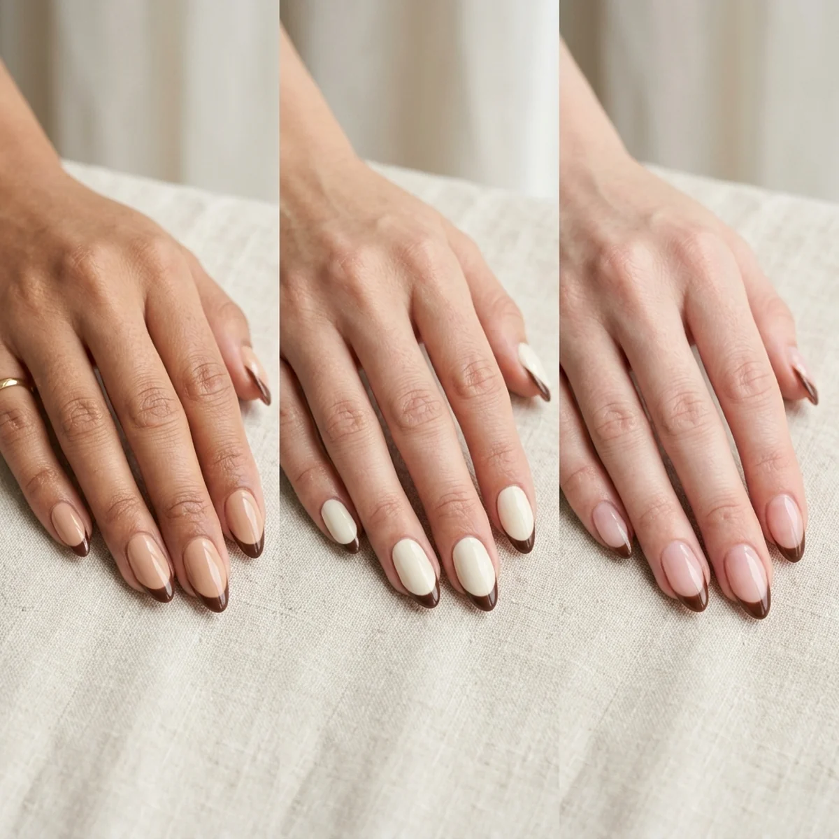 three chocolate brown French tip nail sets on nude, ivory, and sheer pink bases