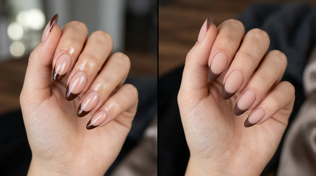 glossy versus matte finish on chocolate brown French tip nails