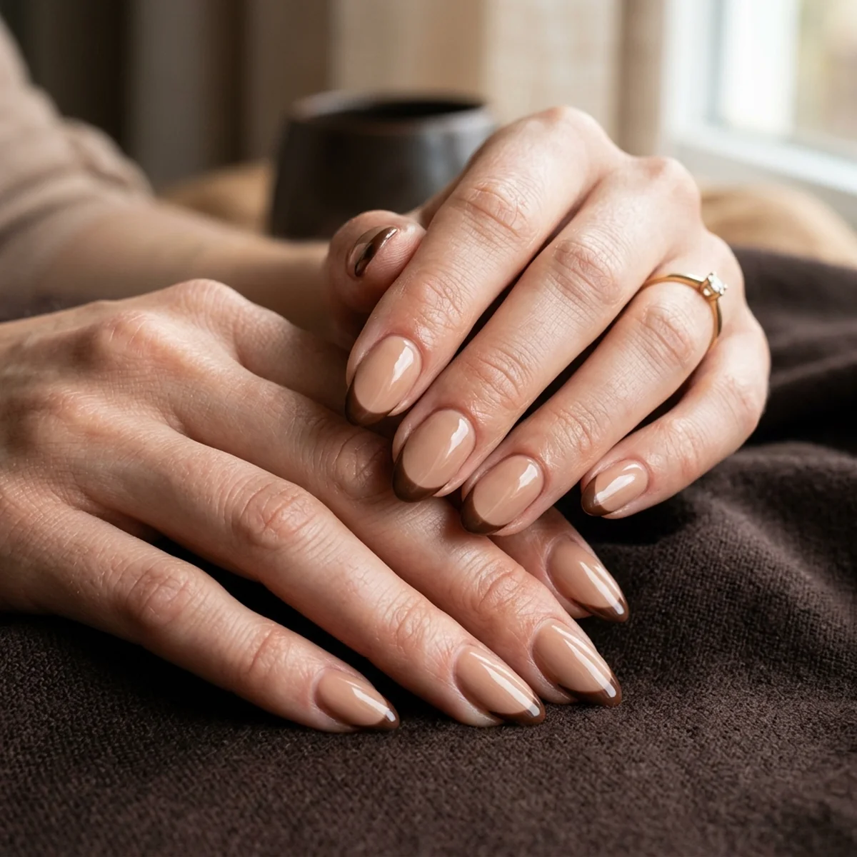 medium almond nails with a glossy chocolate brown French tip over a warm nude base