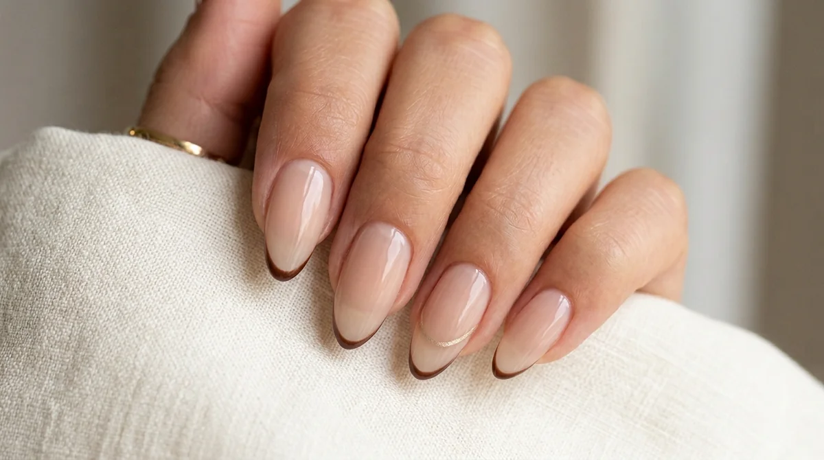 thin-line and double-line chocolate brown French tip nail designs