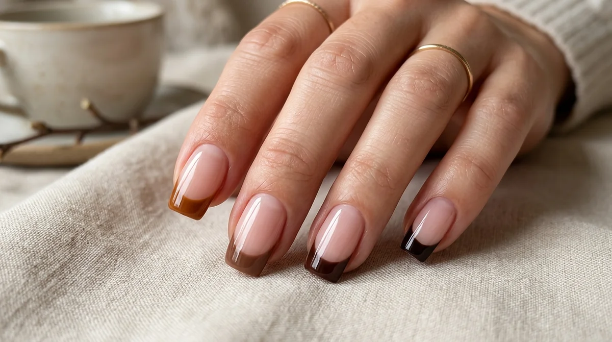 comparison of chocolate brown, espresso, mocha, and caramel French tip nail shades