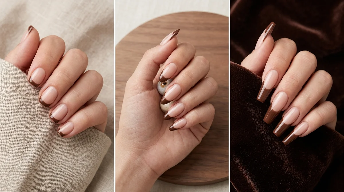 chocolate brown French tip nails shown on short square, medium almond, and long coffin shapes