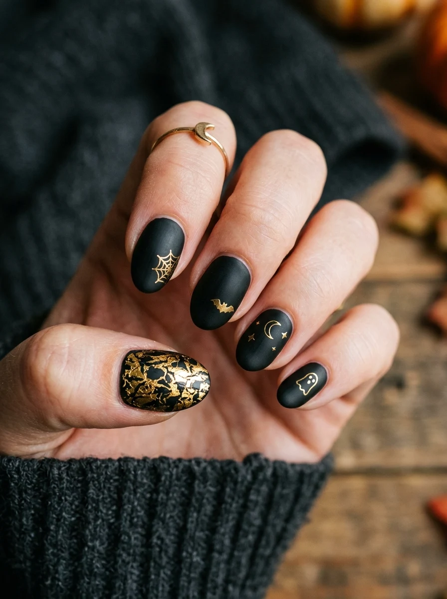 metallic foil accent on matte black halloween nails