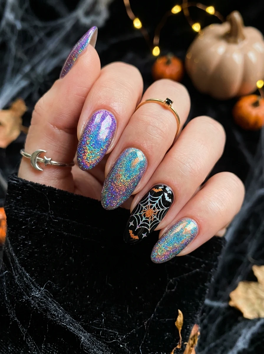 holographic halloween nails with rainbow shift finish