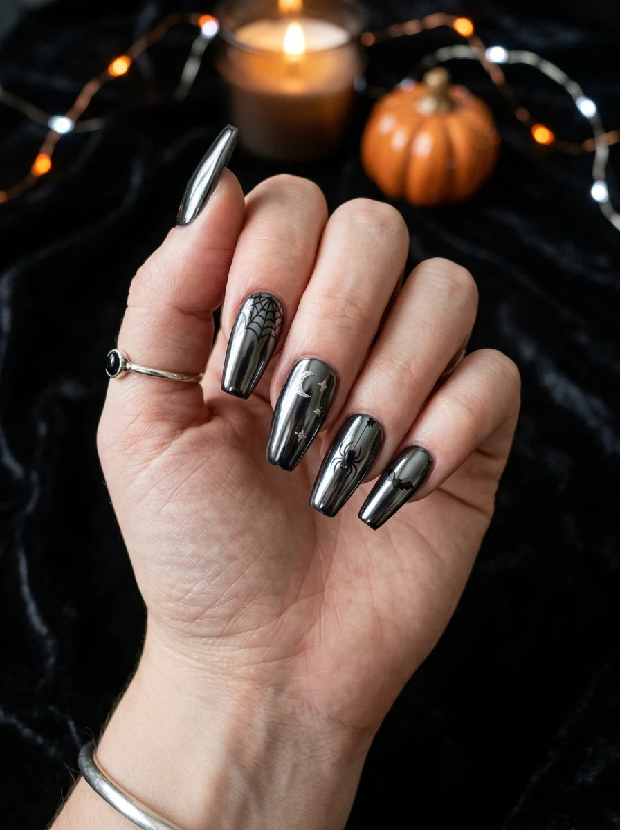 chrome powder technique halloween nails in gunmetal tone