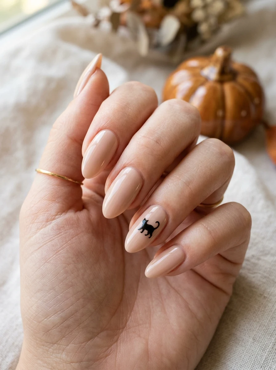 classy Halloween nails minimalist manicure with single black cat accent