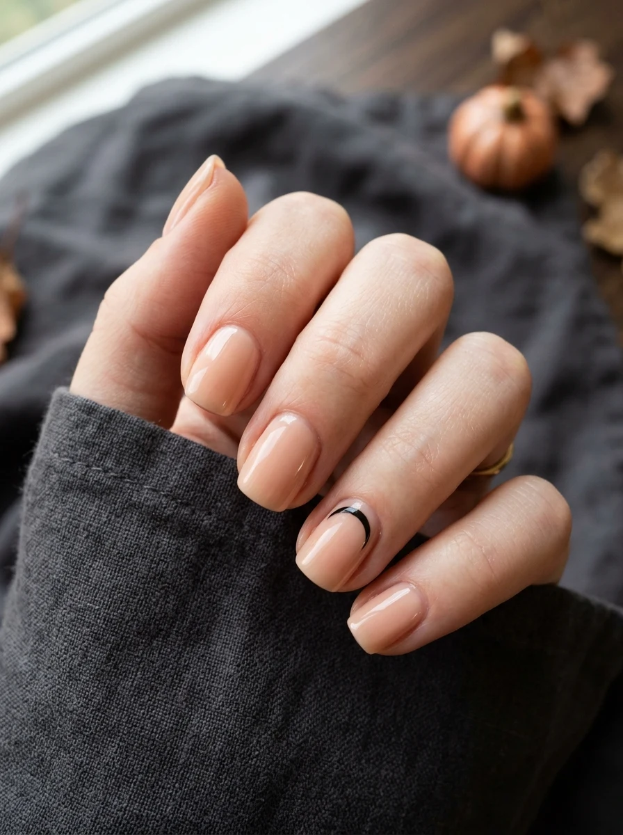 negative space halloween nail design with crescent moon line