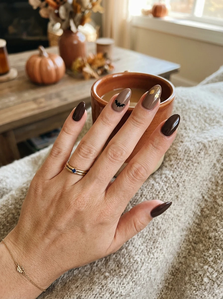 subtle dark neutral halloween nails in taupe and espresso tones